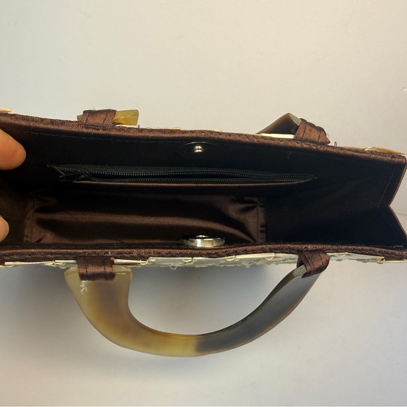 Mother Of Pearl VTG Tile Lucite Handle Top Handle Handbag Purse Small Tote - Picture 7 of 9